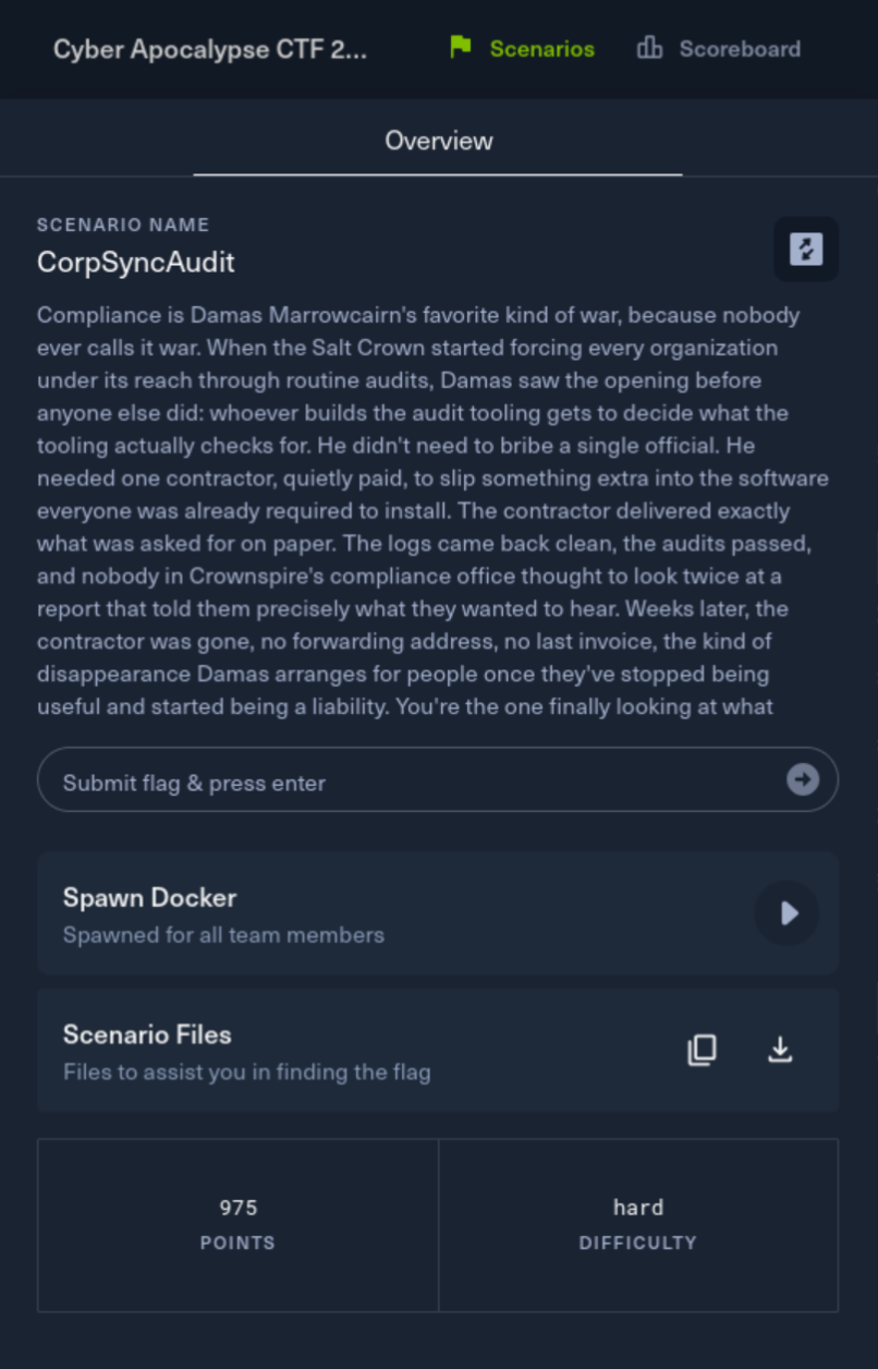 CorpSyncAudit challenge overview on Hack The Box
